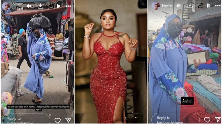 Bimbo Ademoye hides under hijab at Lagos market